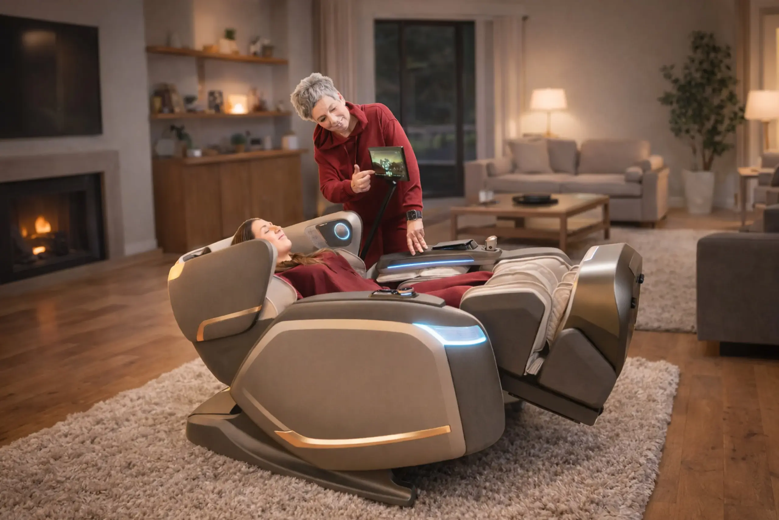 Elisabeth Lang-Kouba erklärt die Bedienung eines Massagesessels